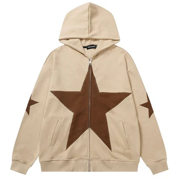 Куртка с капюшоном в стиле хип-хоп на молнии Y2K Grunge Vintage Star Patch, Панк-готика, Свободная толстовка с капюшоном, уличная одежда из хлопка Harajuku