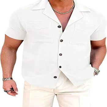 Летняя мужская блузка, хлопковая рубашка, мужской однотонный кардиган с коротким рукавом, двойные карманы, Повседневные Свободные топы, мужские модные рубашки Ropa Hombre