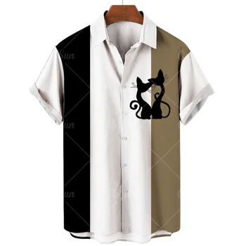 Летняя мужская винтажная пляжная рубашка с 3D изображением кота и животных 2023 года, рубашка оверсайз с коротким рукавом
