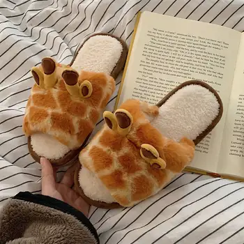 Милые тапочки с животными для женщин, модные женские кавайные пушистые зимние теплые тапочки, женские домашние сандалии с мультяшным жирафом, забавная обувь
