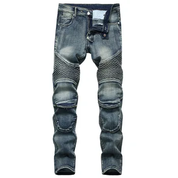 Модные джинсы в европейском и Американском стиле, Мужские Плиссированные брюки со строчкой 