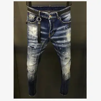 Модные мужские брюки из джинсовой ткани для хай-стрит 2023, Модные повседневные джинсы с дырочками, окрашенные аэрозолем A215