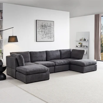 Модульный диван, Современный U-образный диван с 4 Односпальными сиденьями и 2 оттоманками, Набитый пухом, Диван из мягкой льняной Ткани, подходит для гостиной