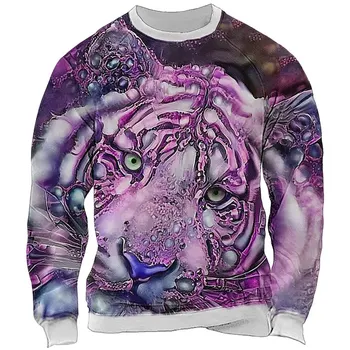 Мужская толстовка, пуловер синего, фиолетового, коричневого цвета с круглым вырезом, графический принт в виде животного, тигра, пэчворк, повседневный спортивный праздничный 3D-принт