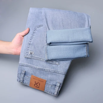 Новые тонкие мужские повседневные прямые джинсы из прохладной мягкой ткани Lyocell, светло-синие мешковатые джинсовые брюки, мужская брендовая одежда