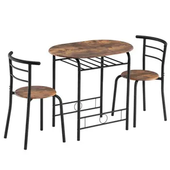 Обеденный стол элегантного дизайна, дрова из дров, окрашенный в черный цвет ПВХ, стол для завтрака для пар с изогнутой спинкой, один стол и два стула