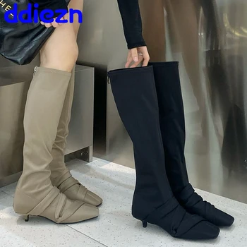 Обувь на низком каблуке, длинные эластичные сапоги для женщин, Новая женская обувь на молнии, модные стрейчевые женские сапоги Zexy до колена, обувь