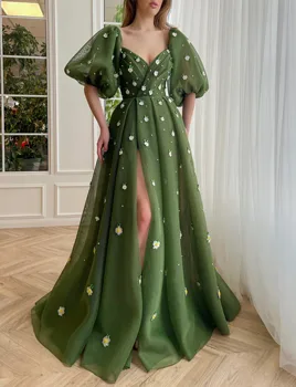Оливково-зеленое вечернее платье из тюля с разрезом для женщин, бальные платья с 3D цветами и пышными рукавами для подростков, длинные платья cerimonia