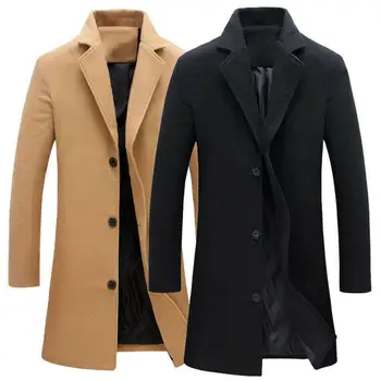 Осенне-зимние модные мужские шерстяные пальто, однотонное однобортное длинное пальто с лацканами, куртка, повседневное пальто, Плюс размер, 5 цветов