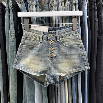 Потертые однобортные джинсовые шорты в стиле ретро для женщин 2023, летние новые короткие джинсы Sexy Hot Girl, стрейчевые облегающие горячие брюки