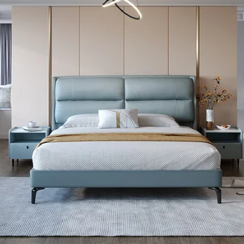 Простая современная и роскошная кожаная двойная многофункциональная кровать для спальни длиной 1,8 метра.