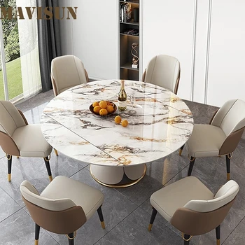 Раздвижные столы в скандинавском стиле с поворотным столом Кухонная Роскошная Мелкая Бытовая мебель Мраморный Круглый обеденный стол 6 стульев