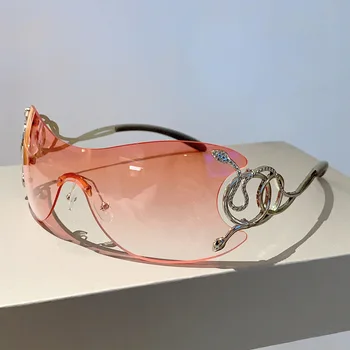 Роскошные Брендовые дизайнерские солнцезащитные очки Y2K без оправы, Женские для мужчин, Цельные модные солнцезащитные очки большого размера, Металлические Змеиные Розовые панк-оттенки