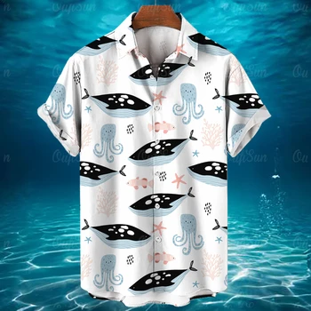 Рубашка для мужчин 2023, Мужские рубашки с короткими рукавами в виде животных, Повседневная мода, Гавайская рубашка с 3D принтом Океана, топы мужской одежды Оверсайз,