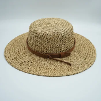 Солнцезащитная шляпа с широкими полями, шляпа канотье с поясом, соломенная шляпа игрока для женщин, летняя шляпа, пляжная шляпа с морской травой, шляпа с плоским верхом во французском стиле