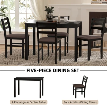 Стильный обеденный стол из 5 шт., 4 мягких стула со спинкой-лесенкой для кухни-столовой, коричневая подушка и черная