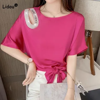 Темпераментная свободная Женская открытая однотонная футболка, Корейская мода, топы с коротким рукавом, расшитые бриллиантами, Летняя женская одежда