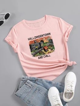 Хлопковая футболка Halloweentown and chill, готическая винтажная эстетическая мода, повседневная футболка унисекс, Новая летняя футболка с коротким рукавом