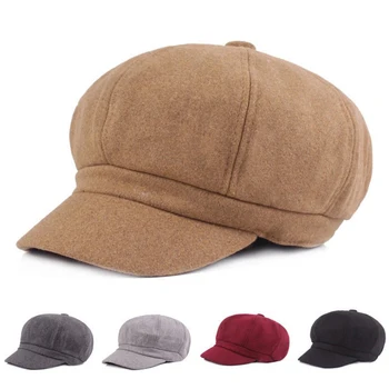 Шерстяная восьмиугольная шляпа, универсальная модная теплая кепка с широкими полями, женские солнцезащитные шляпы-купола для женщин, зимние однотонные шляпы