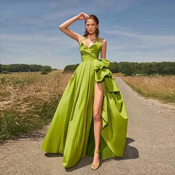 Элегантное Длинное светло-зеленое вечернее платье трапециевидной формы на тонких бретельках с сексуальным разрезом для официальной вечеринки, Очаровательное платье для выпускного вечера